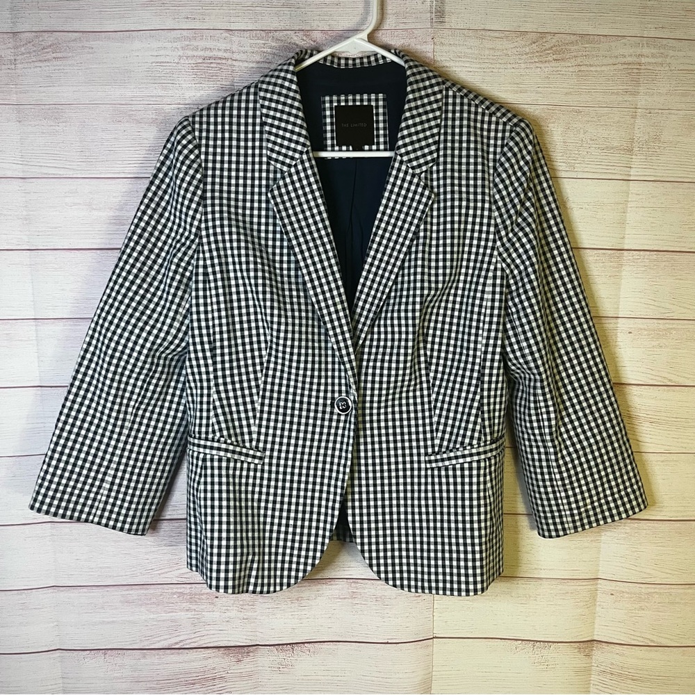 The Limited Navy Blue & White Gingham One Button Blazer Size Large